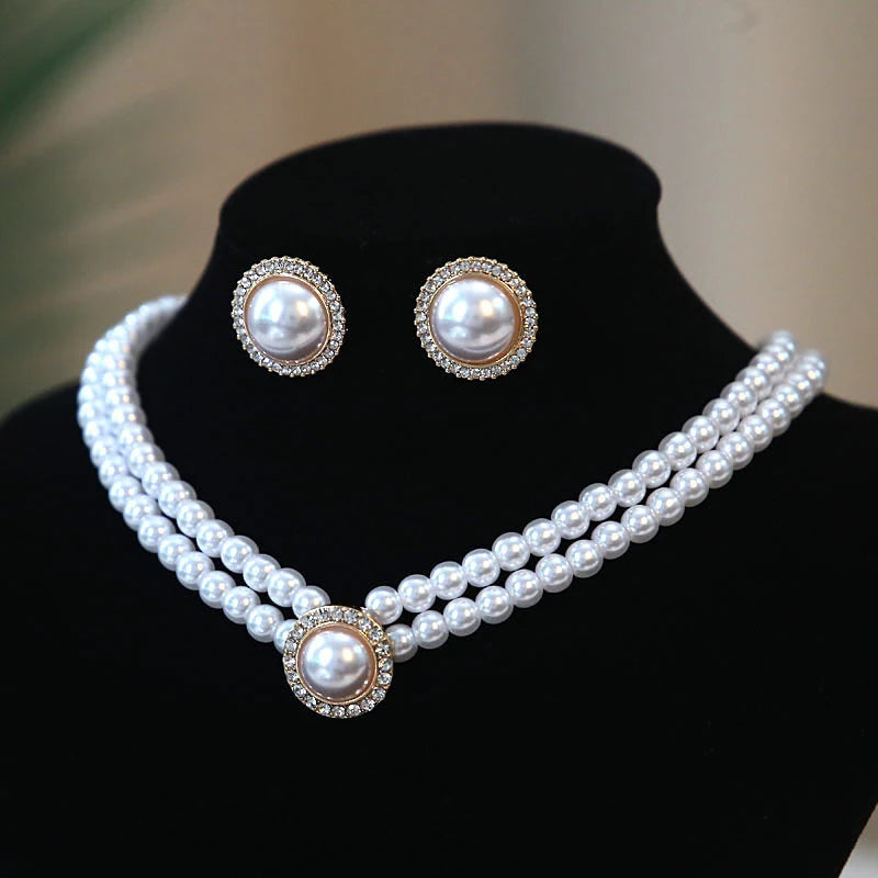 French Retro Elegant Pearl Necklace Earring Set Bridal Wedding