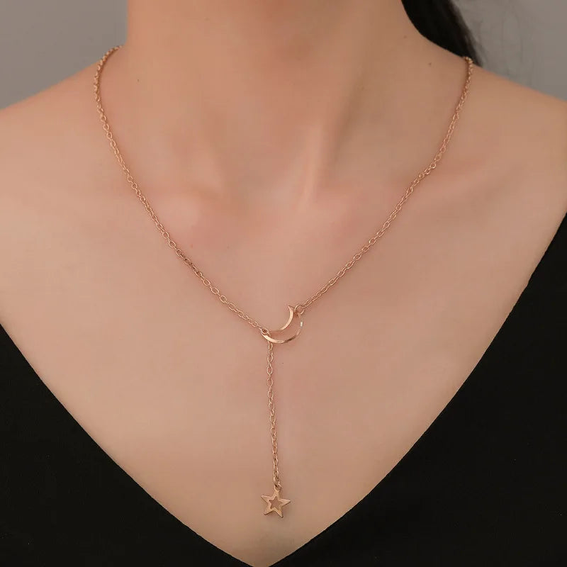 Simple Moon Star Pendant Choker Necklace Gold Color Alloy