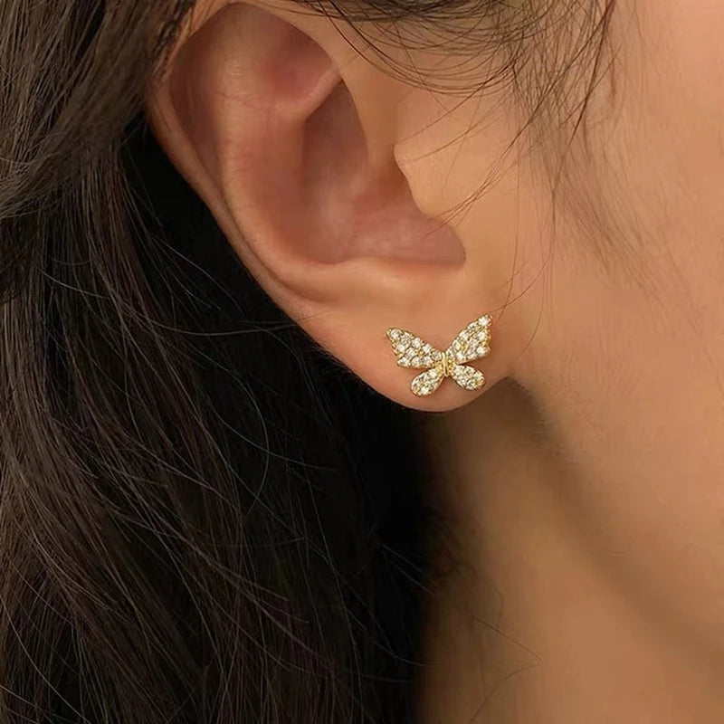 Korean Rhinestone Butterfly Stud Earrings For Women Cute