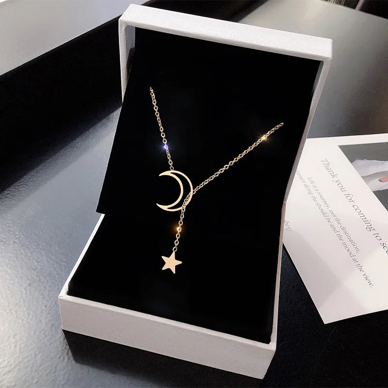 Simple Moon Star Pendant Choker Necklace Gold Color Alloy