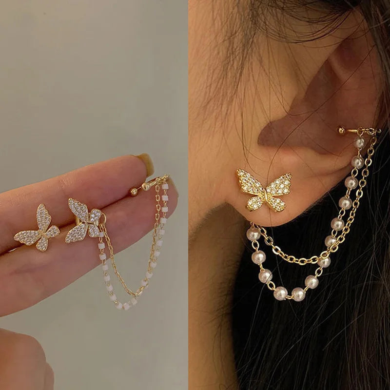 Korean Rhinestone Butterfly Stud Earrings For Women Cute
