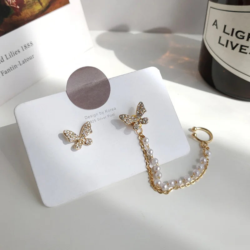 Korean Rhinestone Butterfly Stud Earrings For Women Cute