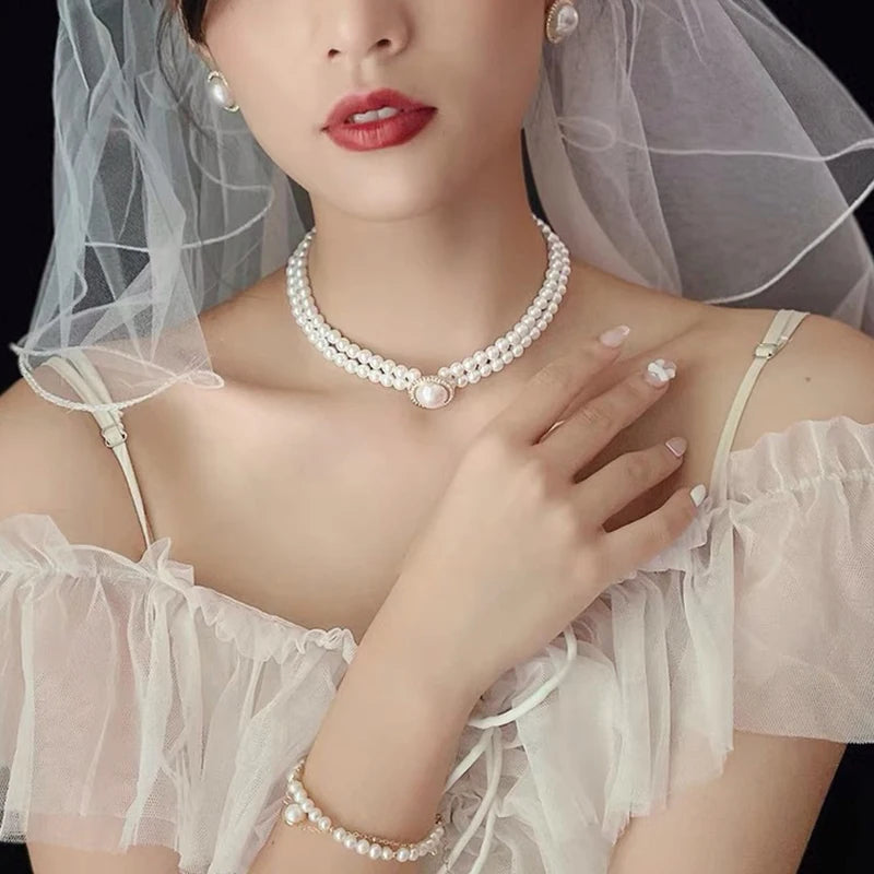 French Retro Elegant Pearl Necklace Earring Set Bridal Wedding