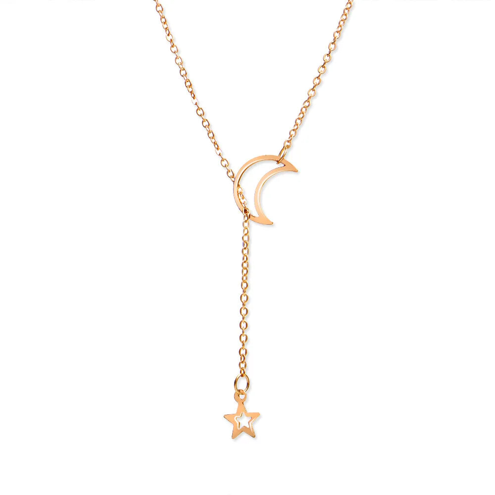 Simple Moon Star Pendant Choker Necklace Gold Color Alloy