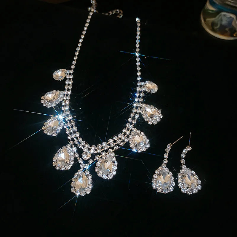 Oval Water Drop Tassel Earrings Necklace for Women Delicate
