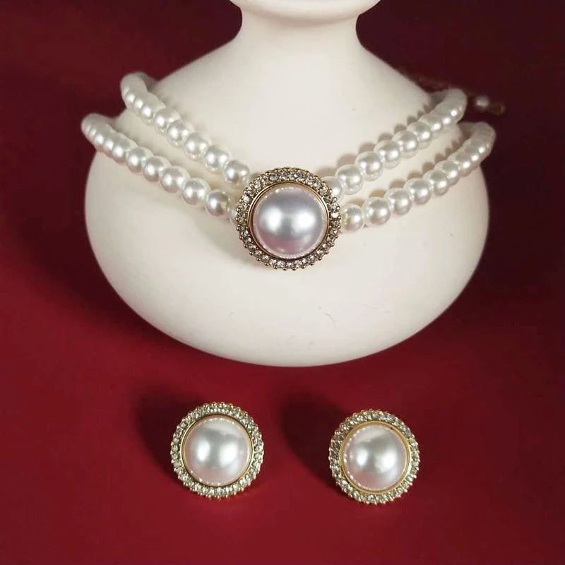French Retro Elegant Pearl Necklace Earring Set Bridal Wedding