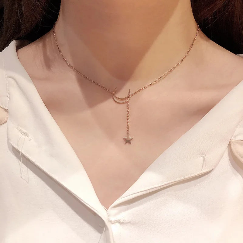 Simple Moon Star Pendant Choker Necklace Gold Color Alloy