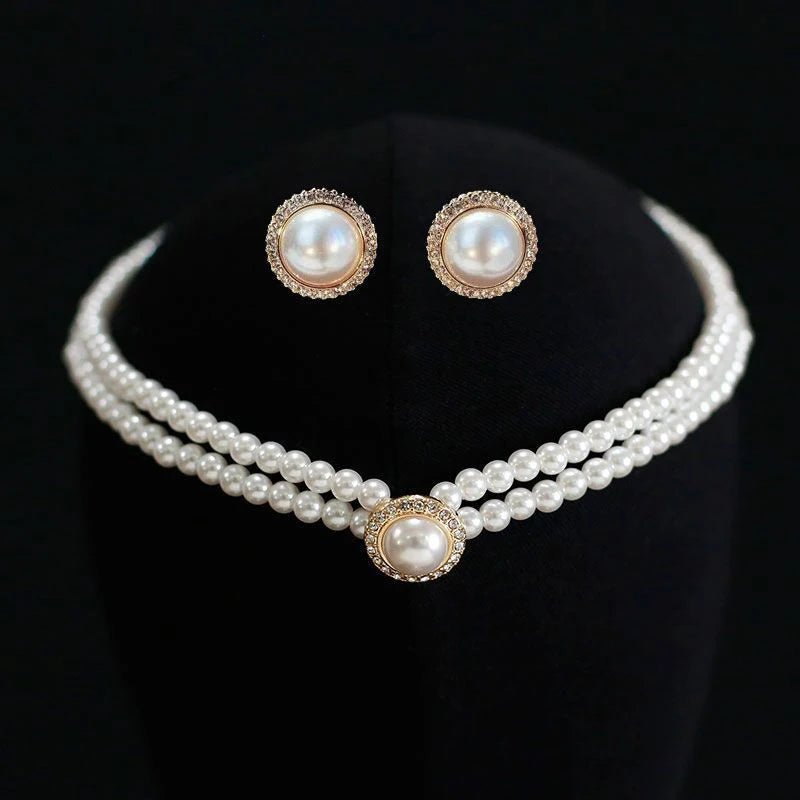 French Retro Elegant Pearl Necklace Earring Set Bridal Wedding