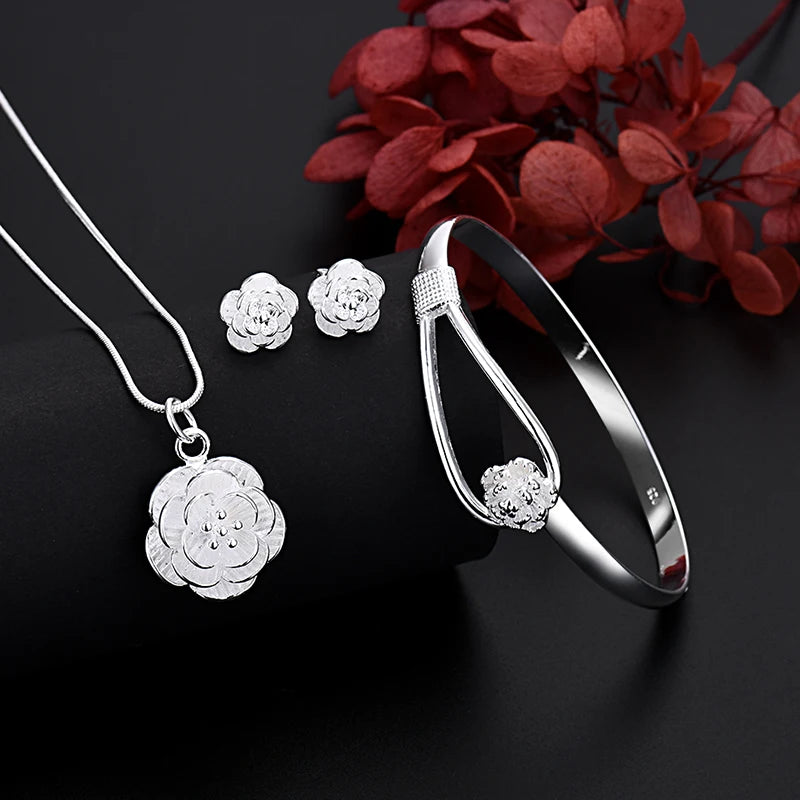Fine Silver Color Charm Flower Necklace Women Retro Set