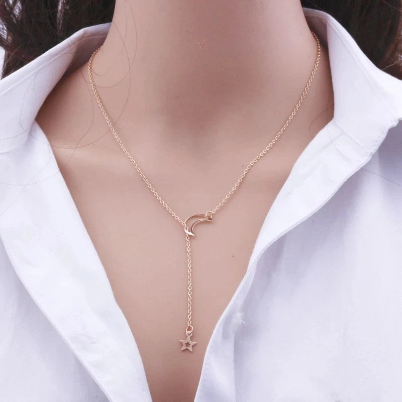 Simple Moon Star Pendant Choker Necklace Gold Color Alloy