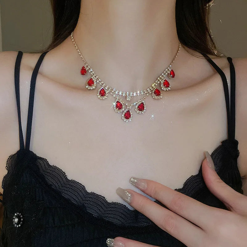 Oval Water Drop Tassel Earrings Necklace for Women Delicate