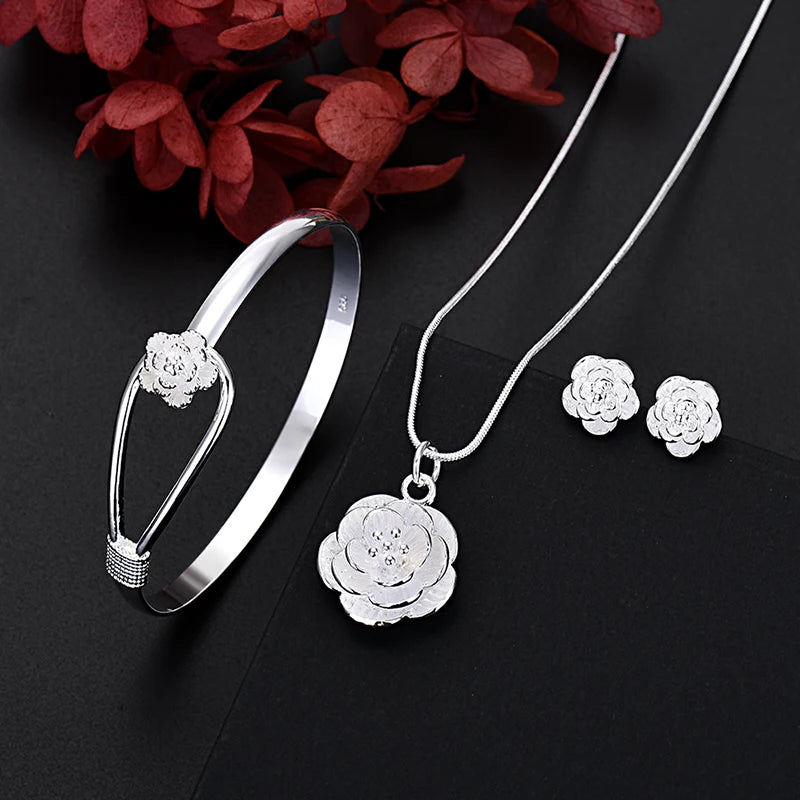 Fine Silver Color Charm Flower Necklace Women Retro Set