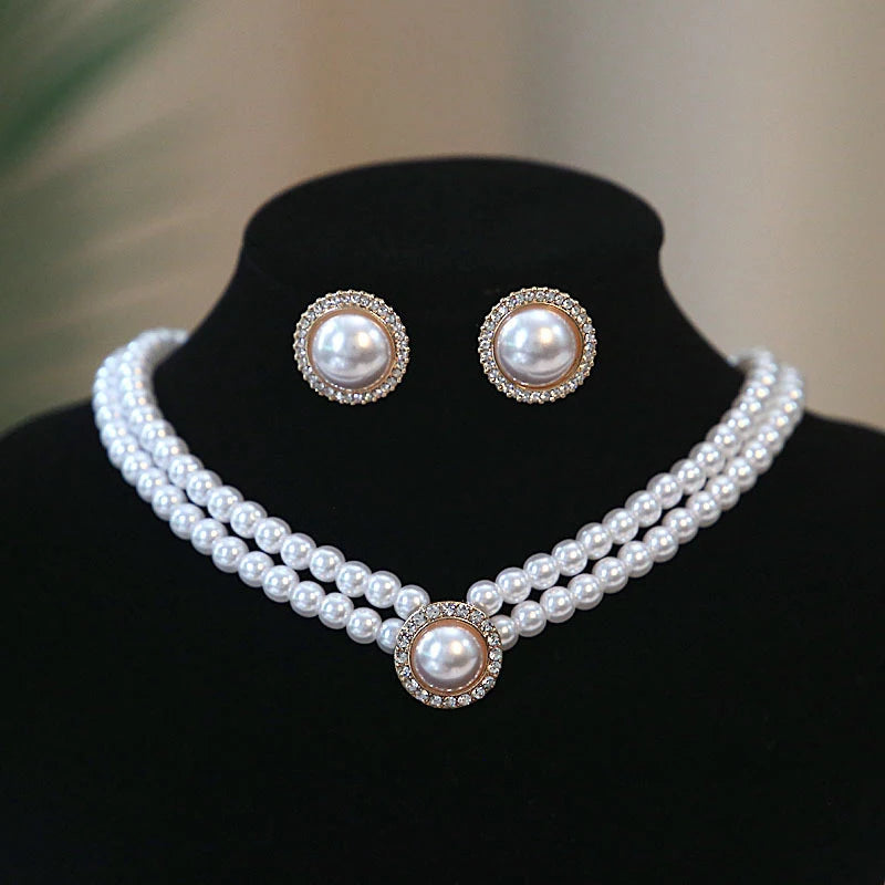 French Retro Elegant Pearl Necklace Earring Set Bridal Wedding