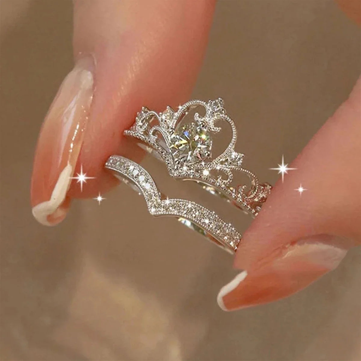 Stainless Steel Crystal Crown Adjustable Ring Irregular