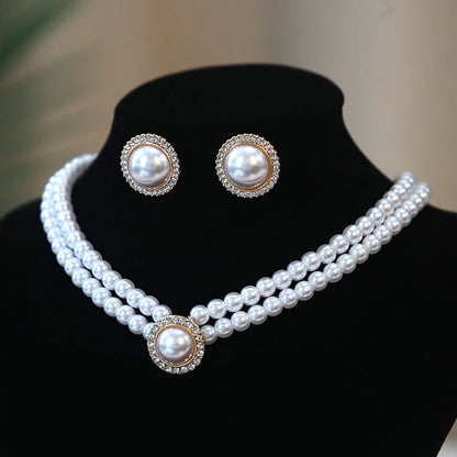 French Retro Elegant Pearl Necklace Earring Set Bridal Wedding