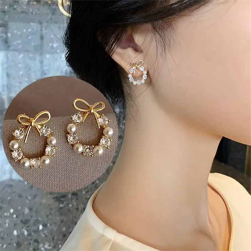 Korean Vintage Pearl Crystal Earrings For Women Jewelry