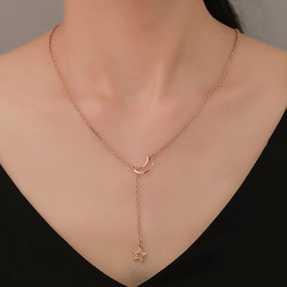 Simple Moon Star Pendant Choker Necklace Gold Color Alloy
