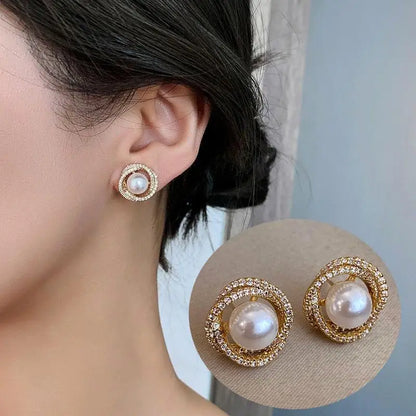 Korean Vintage Pearl Crystal Earrings For Women Jewelry