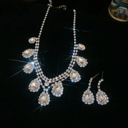 Oval Water Drop Tassel Earrings Necklace for Women Delicate
