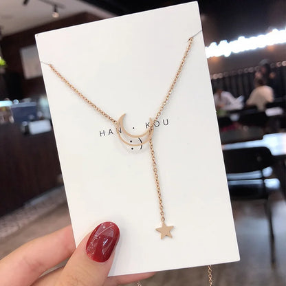 Simple Moon Star Pendant Choker Necklace Gold Color Alloy