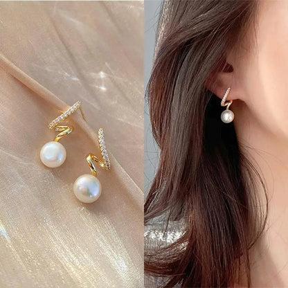 Korean Vintage Pearl Crystal Earrings For Women Jewelry