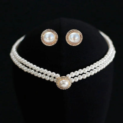 French Retro Elegant Pearl Necklace Earring Set Bridal Wedding