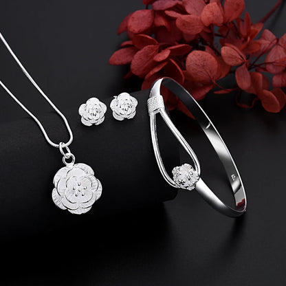 Fine Silver Color Charm Flower Necklace Women Retro Set