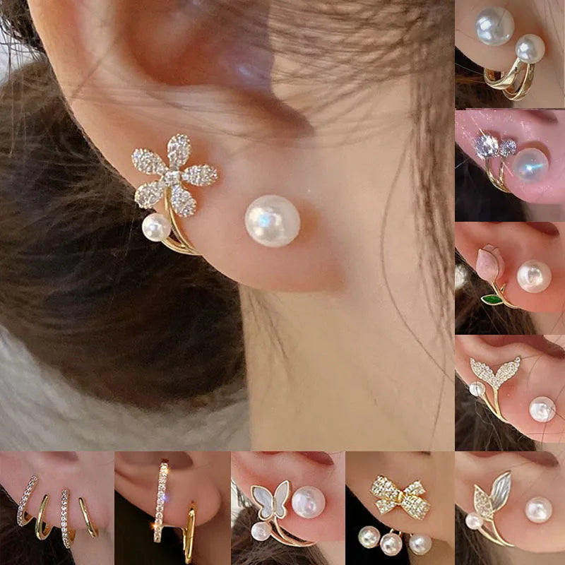 Korean Vintage Pearl Crystal Earrings For Women Jewelry